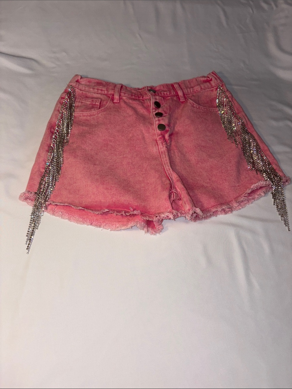 Savanna Jane Pink Denim Shorts with Silver Chain Fringe